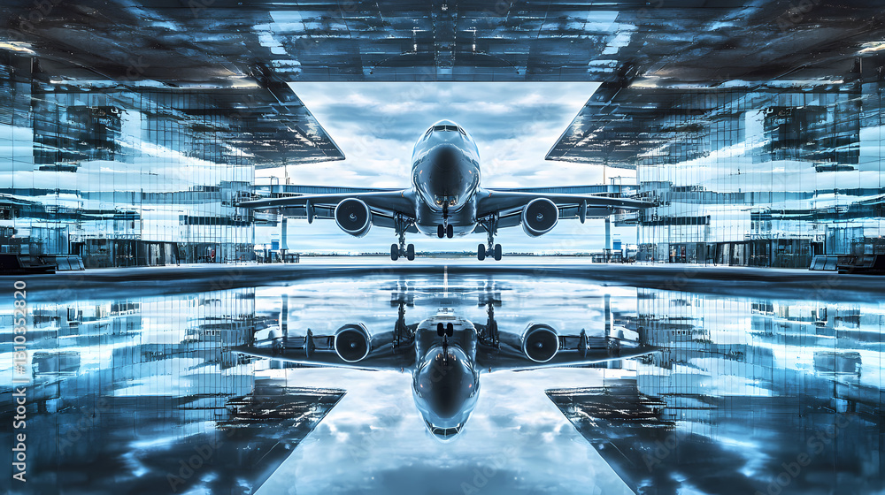 Fototapeta premium Airplane landing at munich germany airport mirrored in terminal. Mirrored - Lake. Illustration