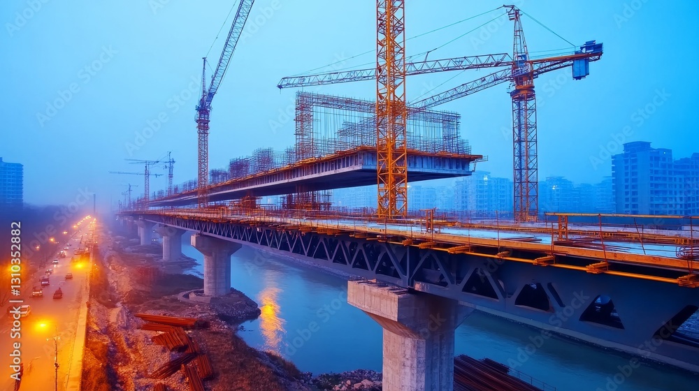 Construction of a modern bridge over a river at dusk, with crane and city buildings in the background Construction of a modern bridge over a river at dusk, with crane and city buildings in the background