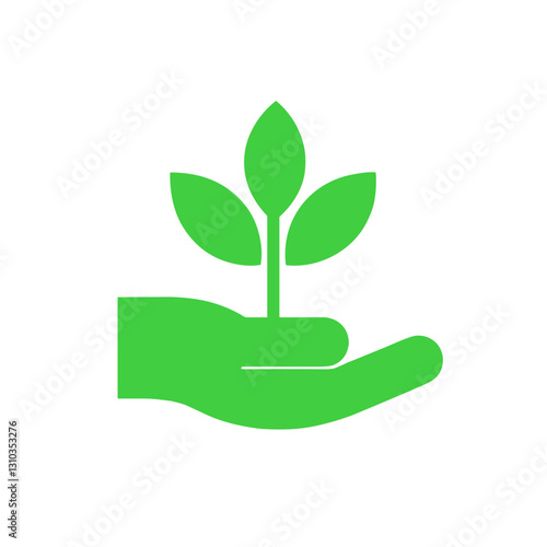 Green hand holding a sprouting plant icon on white background for environmental care and sustainability, Eco Concept, vector