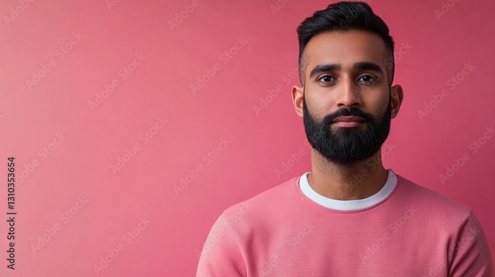 Obraz premium A man with a beard wearing a cozy pink sweater, smiling warmly at the camera.
