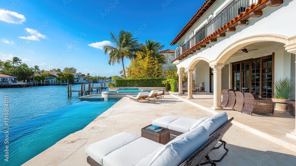 Fototapeta premium Luxury Waterfront Villa with Infinity Pool and Breathtaking Canal Views