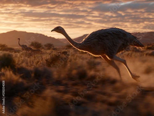 An Ornithomimus running swiftly across open ground photo