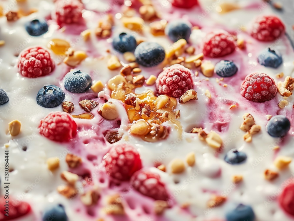 Fresh berries and nuts on creamy parfait for healthy dessert Fresh berries and nuts on creamy parfait for healthy dessert