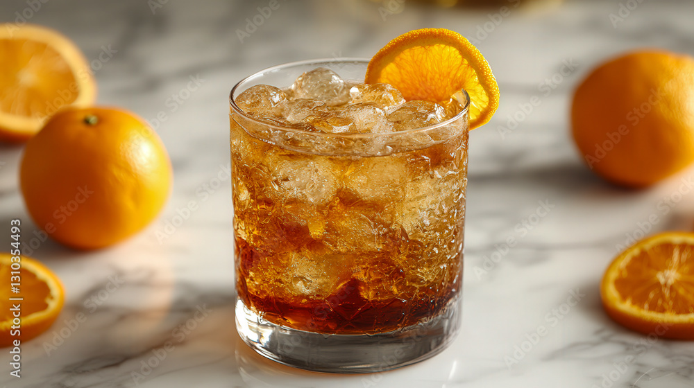 Top-down view of a refreshing Martinez cocktail showcasing vibrant orange garnishes and ice Top-down view of a refreshing Martinez cocktail showcasing vibrant orange garnishes and ice