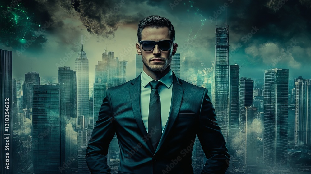 Fototapeta premium Mysterious Confident Man in Suit and Sunglasses Standing Against Futuristic City Skyline