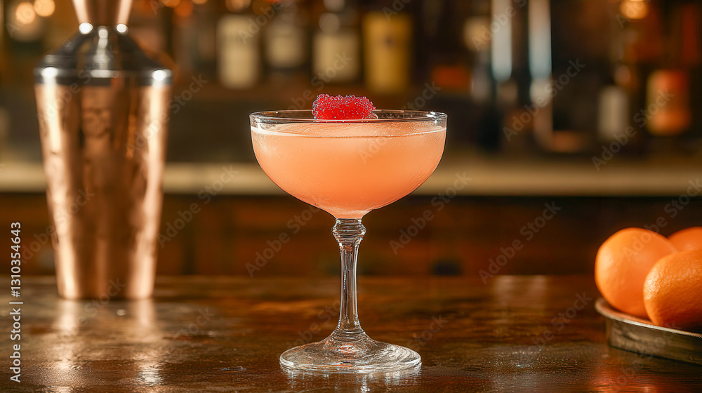 Cocktail preparation featuring a monkey gland in a coupe glass with garnishes and bar tools Cocktail preparation featuring a monkey gland in a coupe glass with garnishes and bar tools