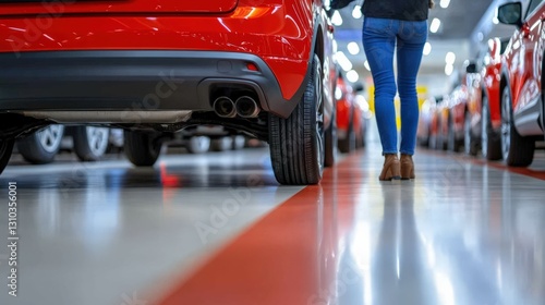Wallpaper Mural A Young Woman Examines a Row of Vibrant Red Cars in a Modern Automotive Showroom, Highlighting the Shiny Exteriors and Stylish Designs Torontodigital.ca