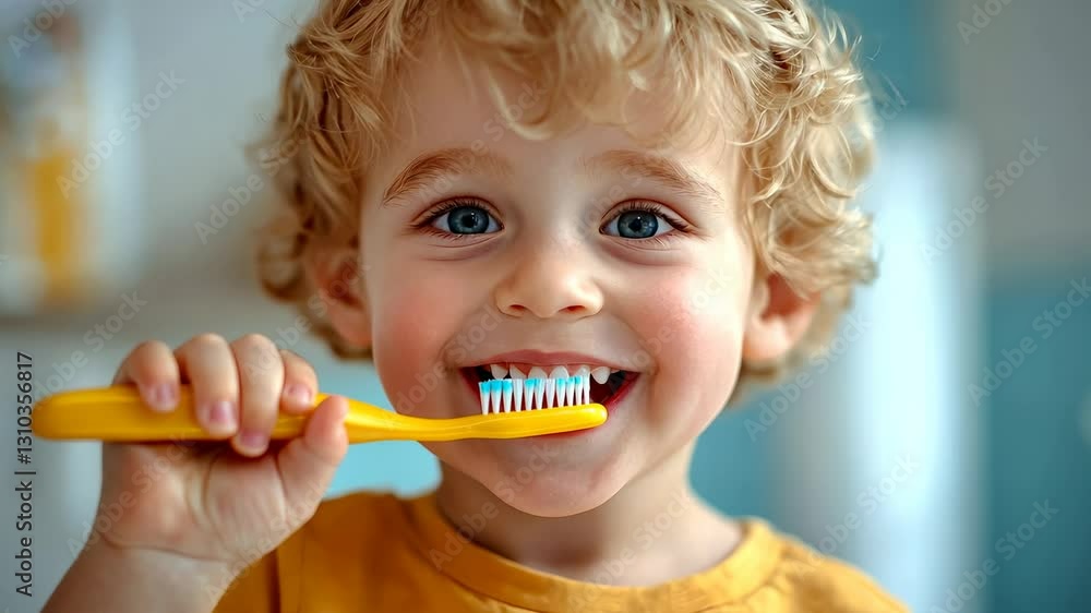 little cute blond boy brushing teeth with toothbrush in bathroom, morning routine, child, kid, toddler, oral health, washing little cute blond boy brushing teeth with toothbrush in bathroom, morning routine, child, kid, toddler, oral health, washing