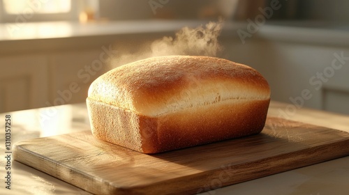 Freshly baked loaf of bread on wooden board.