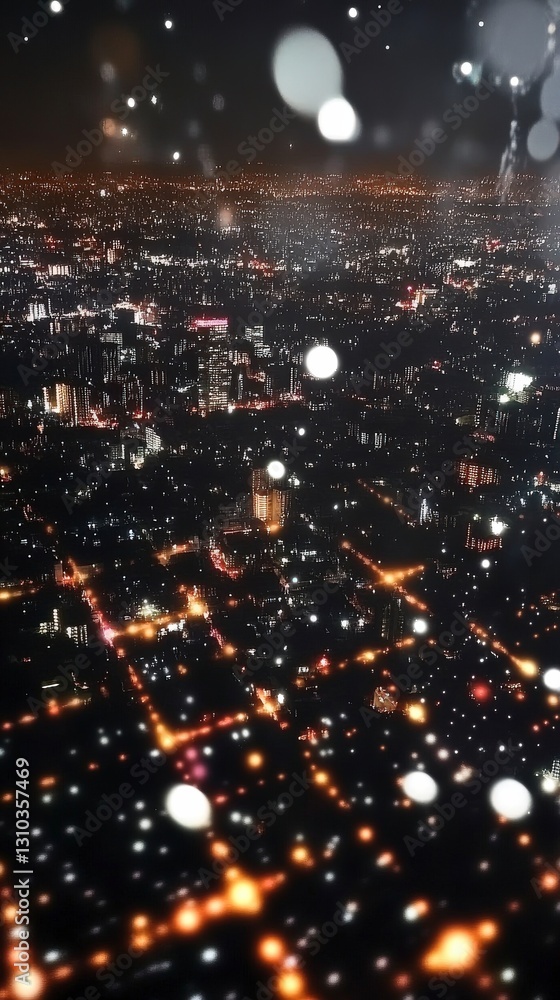 Vibrant cityscape with glowing lights and snow effect. Vibrant cityscape with glowing lights and snow effect.
