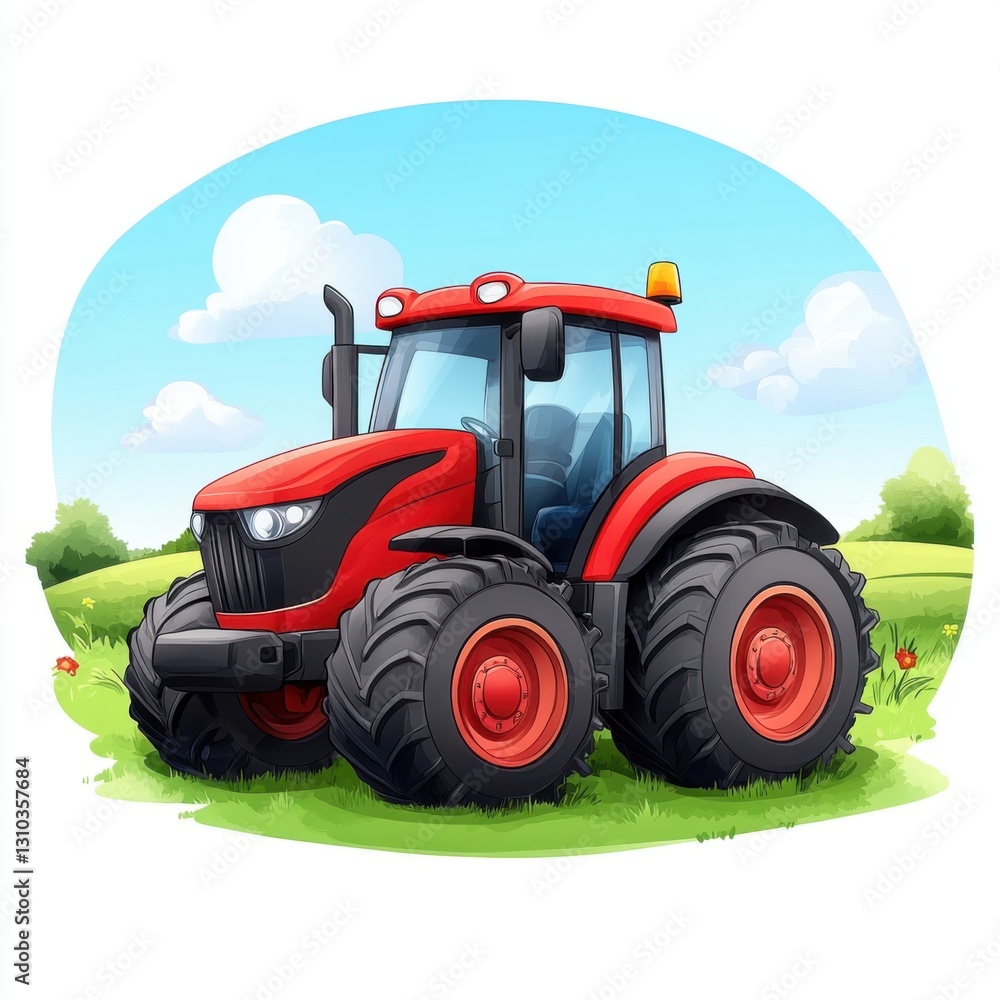 Vibrant Red Tractor in Lush Green Fields with Blue Sky and Fluffy Clouds on a Bright Sunny Day Vibrant Red Tractor in Lush Green Fields with Blue Sky and Fluffy Clouds on a Bright Sunny Day