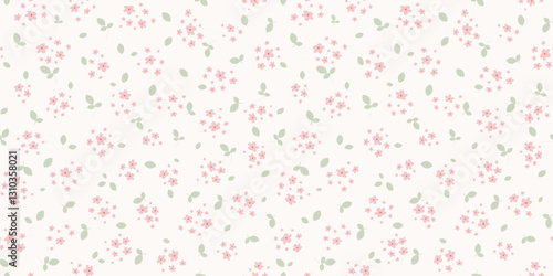 Vector floral seamless pattern with small pretty flowers and leaves. Liberty style millefleurs texture. Simple minimal floral background. Cute ditsy ornament. Pink, white, green color. Repeated design