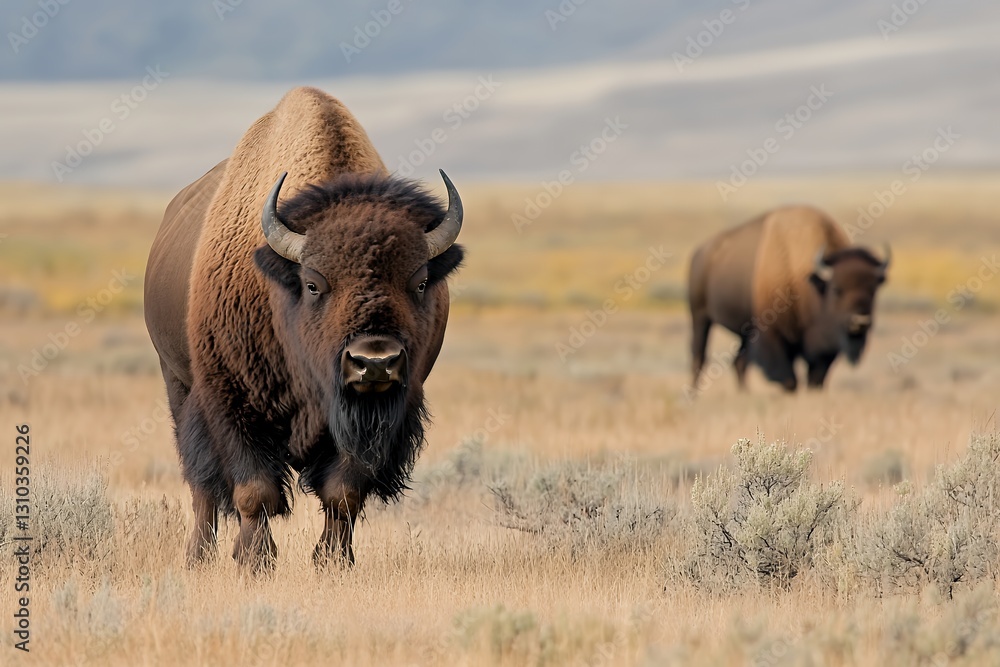 A powerful American bison standing tall in a vast prairie A powerful American bison standing tall in a vast prairie