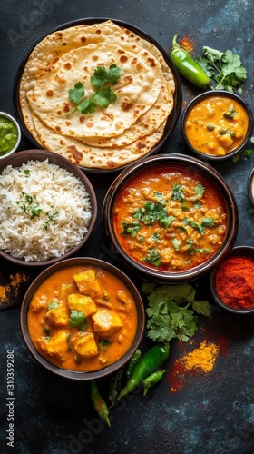 Wallpaper Mural A colorful assortment of Indian dishes showcases traditional flavors, including creamy curries, aromatic basmati rice, and freshly baked bread, all set on a dark, artistic background Torontodigital.ca