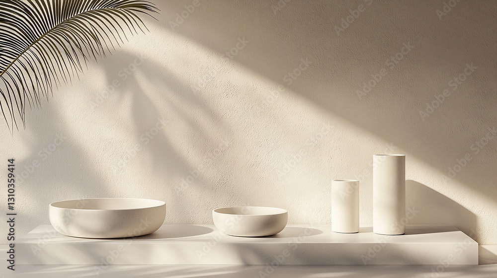 Minimalist still life white bowls and vases on a light beige surface with palm leaf shadow. Minimalist still life white bowls and vases on a light beige surface with palm leaf shadow.