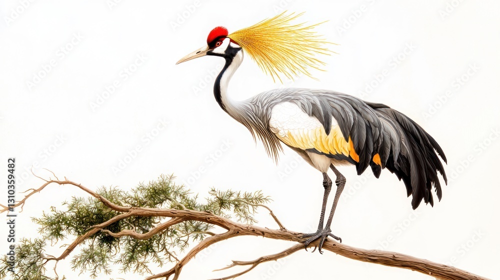 Grey Crowned Crane perched on branch, isolated on white. Grey Crowned Crane perched on branch, isolated on white.