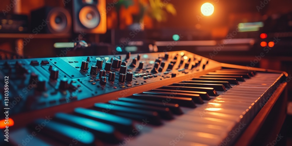 Music Production Studio with Synthesizer and Sound Equipment Music Production Studio with Synthesizer and Sound Equipment