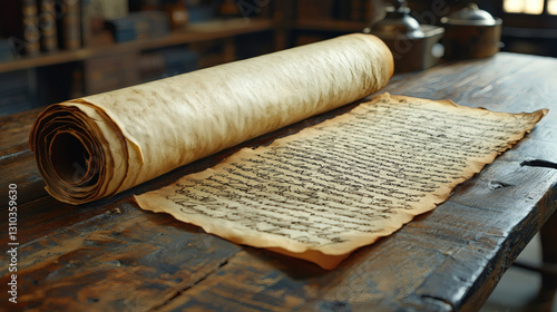 Ancient scroll on a wooden table with writing. photo