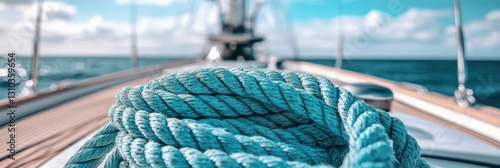 A close-up of a coiled aqua rope on the deck of a sailboat, with a tranquil blue sea and cloudy sky in the background, evoking a sense of nautical adventure and serenity. photo