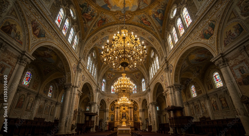 Fototapeta premium Ornate Church Interior, Majestic Chandeliers, Frescoed Dome