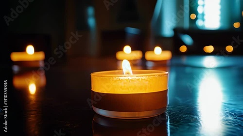 Calming Atmosphere with Glowing Candles on a Table in a Dimly Lit Room