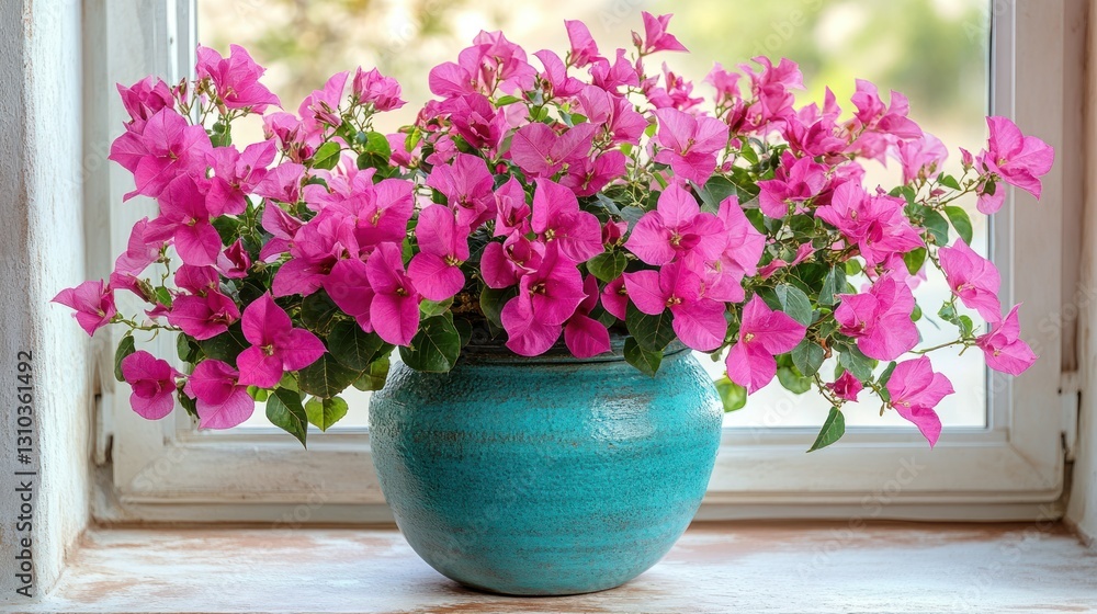 Pink Bougainvillea in Teal Pot on Windowsill Pink Bougainvillea in Teal Pot on Windowsill
