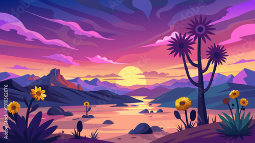 dramatic sunset over a vast desert with purple and pink hues in the sky, tall Joshua trees, and golden-yellow sunflowers swaying in the wind.