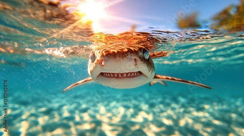 Shark underwater, tropical lagoon, sun, swimming photo