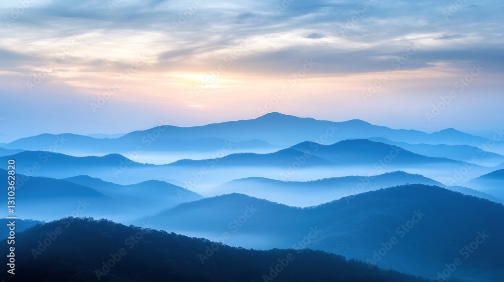 Fototapeta premium Serene sunrise over misty, blue mountain ranges.