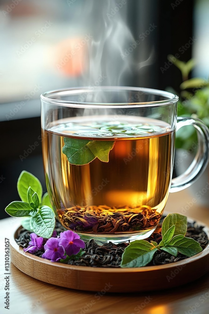 Steaming cup of herbal tea with fresh mint and flowers on a wooden coaster in a cozy café Steaming cup of herbal tea with fresh mint and flowers on a wooden coaster in a cozy café