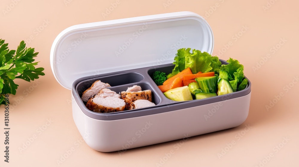 Freshly prepared healthy lunch box with grilled chicken, colorful vegetables, and greens Freshly prepared healthy lunch box with grilled chicken, colorful vegetables, and greens