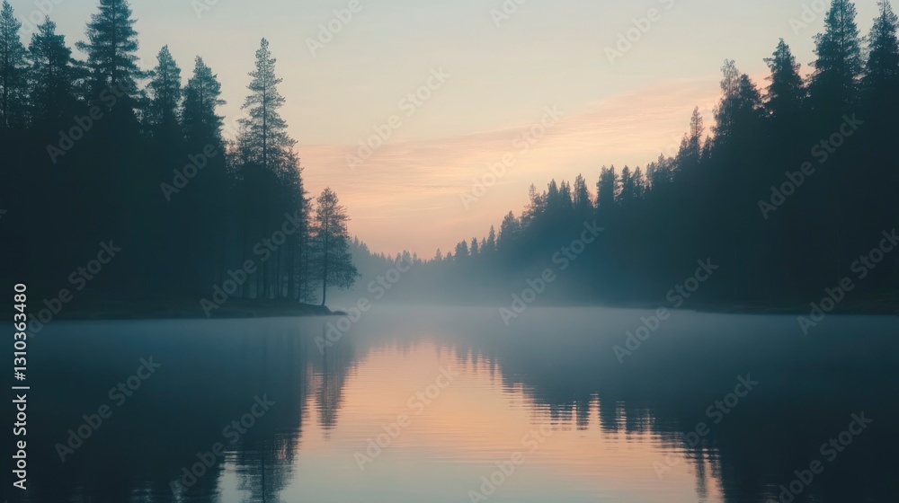 Serene misty lake at dawn surrounded by tall trees, reflecting soft colors of sunrise Serene misty lake at dawn surrounded by tall trees, reflecting soft colors of sunrise