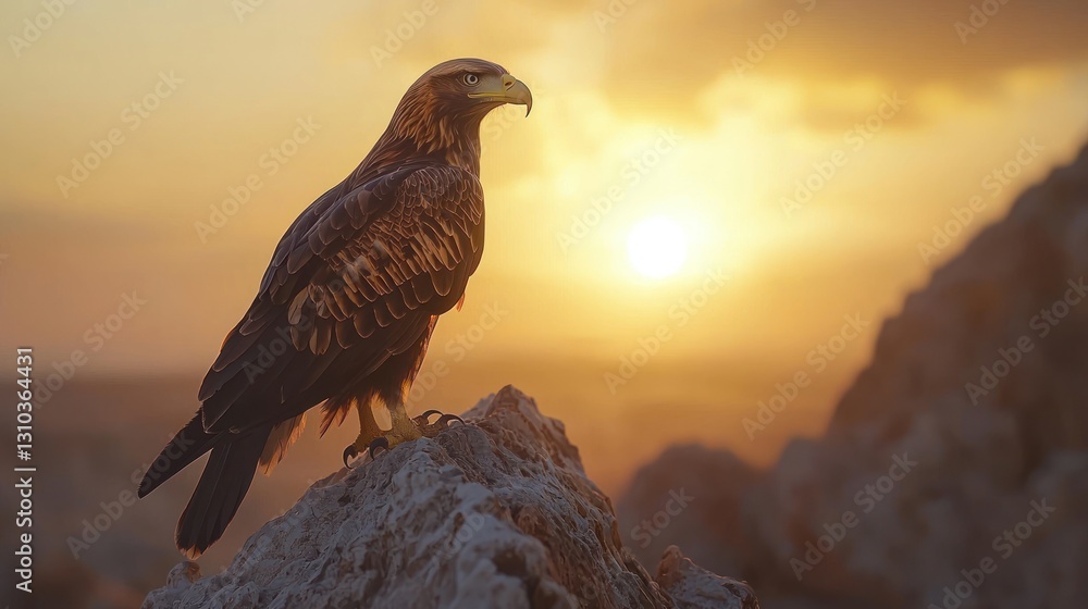 Fototapeta premium Majestic eagle perched on rock at sunset.