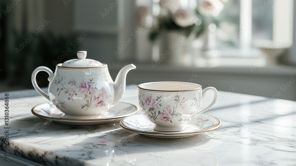 Floral Teapot and Cup on Marble Table. Floral Teapot and Cup on Marble Table.