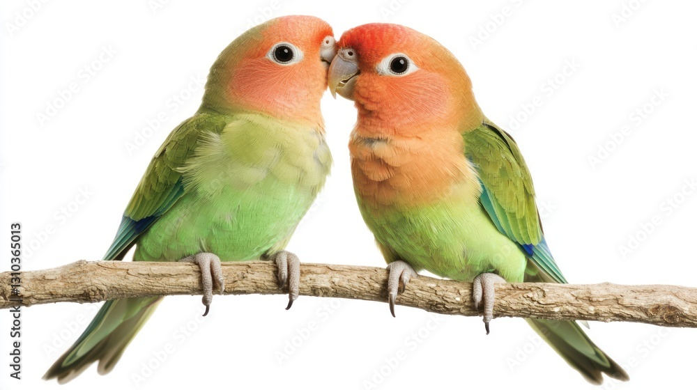Two lovebirds perched on a branch, touching beaks. (1) Two lovebirds perched on a branch, touching beaks. (1)