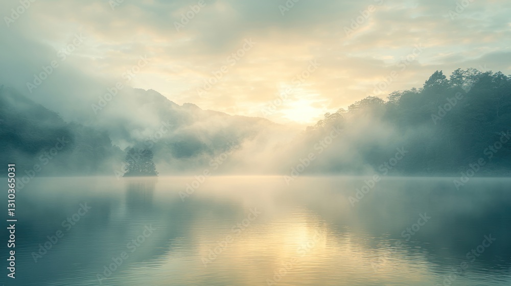 Fototapeta premium Serene sunrise over misty lake and mountains.