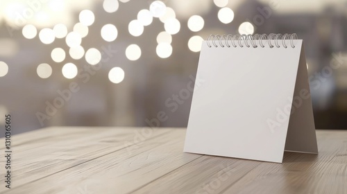 Blank desktop calendar on wooden table.