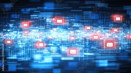 Email symbols flowing on a blue tech background, used to visualize data transfer in networking