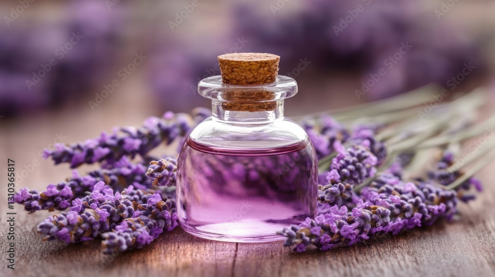 Lavender essential oil on wooden surface Lavender essential oil on wooden surface