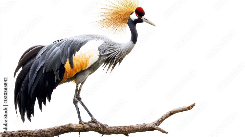Grey crowned crane perched on a branch against a white background. Grey crowned crane perched on a branch against a white background.