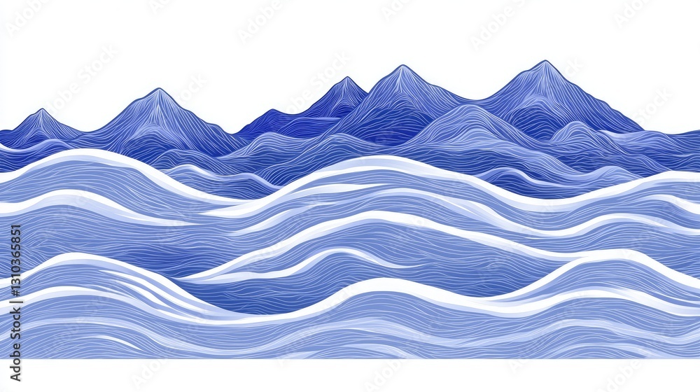 Fototapeta premium Blue Mountains rise behind a patterned sea with flowing water. Usable for website background