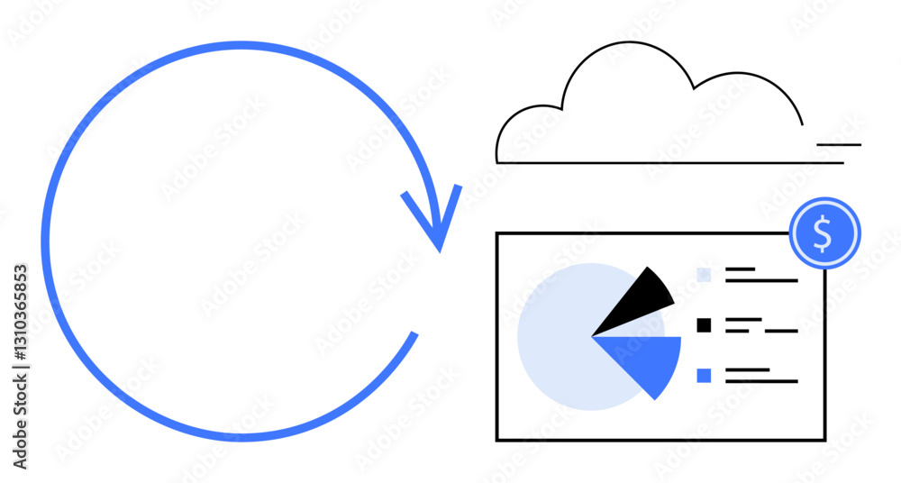 Large arrow forming a cycle, cloud, and data chart featuring pie diagram and financial element. Ideal for cloud computing, data storage, analytics, finance, technology workflow sustainability. Flat Large arrow forming a cycle, cloud, and data chart featuring pie diagram and financial element. Ideal for cloud computing, data storage, analytics, finance, technology workflow sustainability. Flat