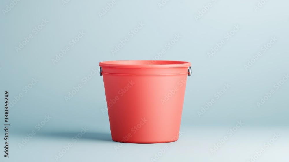 Bright Coral Plastic Bucket on Soft Blue Background Ideal for Home, Garden, and Creative Projects Bright Coral Plastic Bucket on Soft Blue Background Ideal for Home, Garden, and Creative Projects