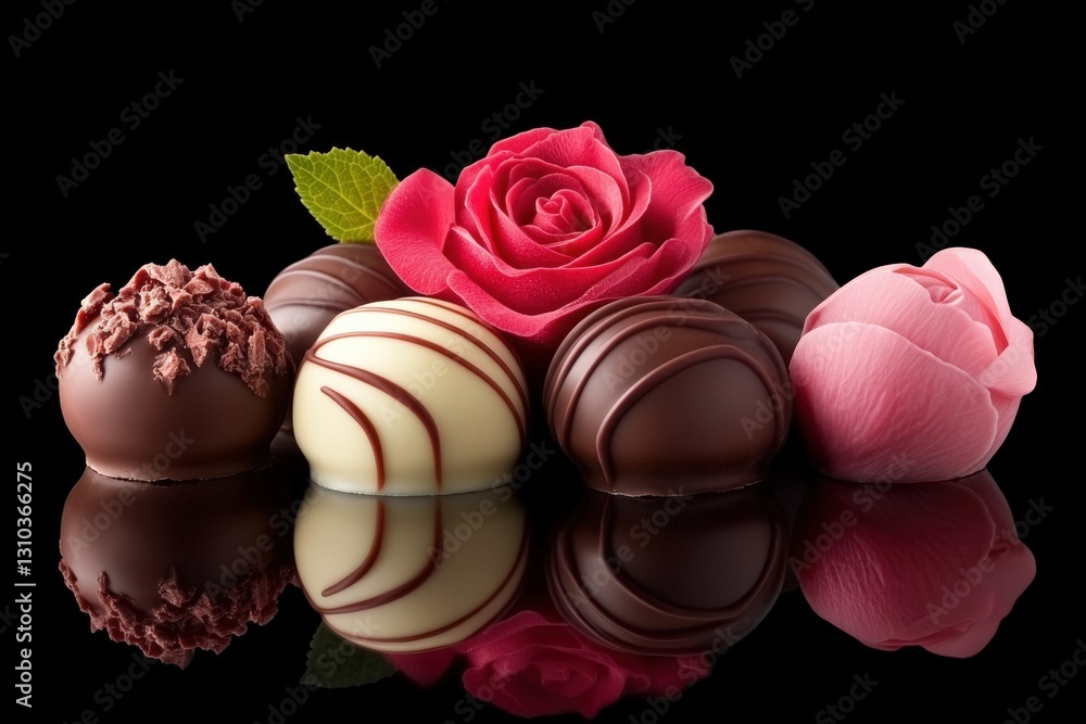 An Elegant Arrangement of Artisan Chocolates and a Pink Rose Against a Black Background, Perfect for Celebrations, Romantic Occasions, or Indulgent Treats An Elegant Arrangement of Artisan Chocolates and a Pink Rose Against a Black Background, Perfect for Celebrations, Romantic Occasions, or Indulgent Treats