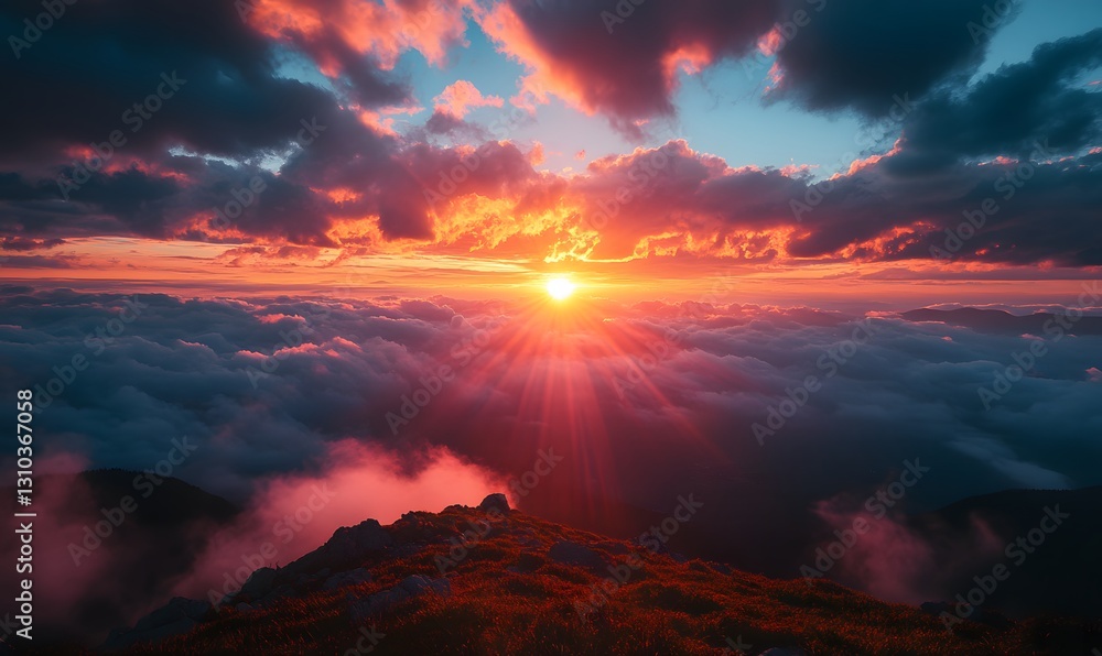 Breathtaking Sunrise Over a Sea of Clouds from a Mountain Peak Breathtaking Sunrise Over a Sea of Clouds from a Mountain Peak