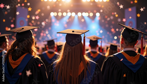 Graduation ceremony celebration with students in caps and gowns