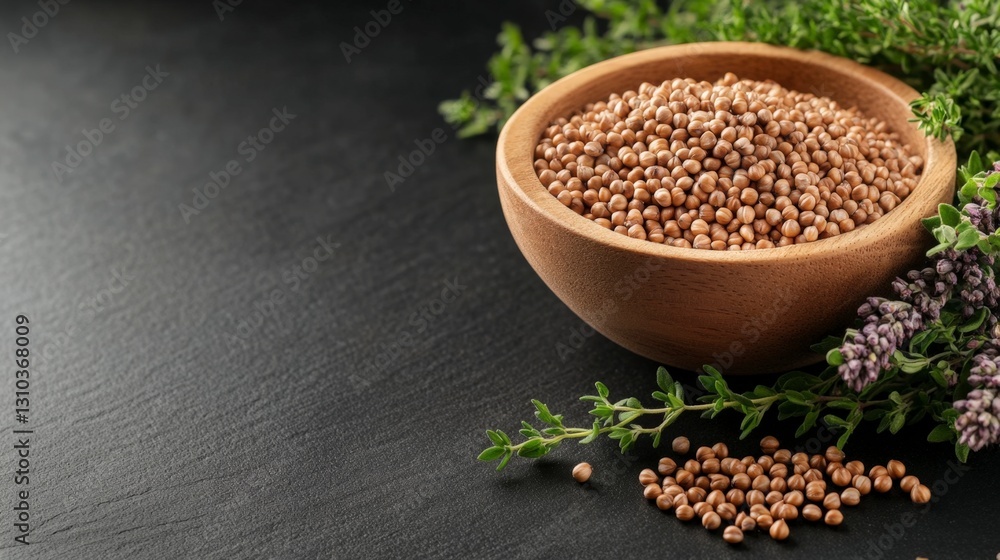 Brown Bowl Filled with Brown Lentils and Purple Flowers on a Bla Brown Bowl Filled with Brown Lentils and Purple Flowers on a Bla