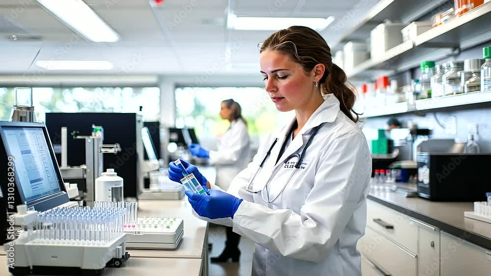 A female scientist collaborates with her team to examine microbial samples in a cutting-edge laboratory. A female scientist collaborates with her team to examine microbial samples in a cutting-edge laboratory.