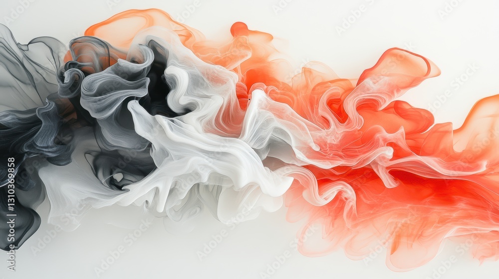 Two colors of smoke swirl above a white surface, creating a striking visual contrast. Two colors of smoke swirl above a white surface, creating a striking visual contrast.