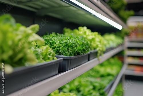 Fresh greens displayed on supermarket shelves